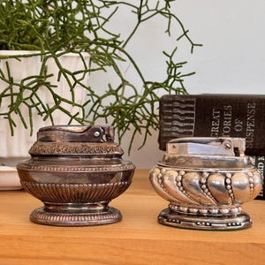 antique table top cigarette lighters Vintage Mid-Century Ribbed Glass Lighter Japan Mid Century Silverplate Ronson Crown