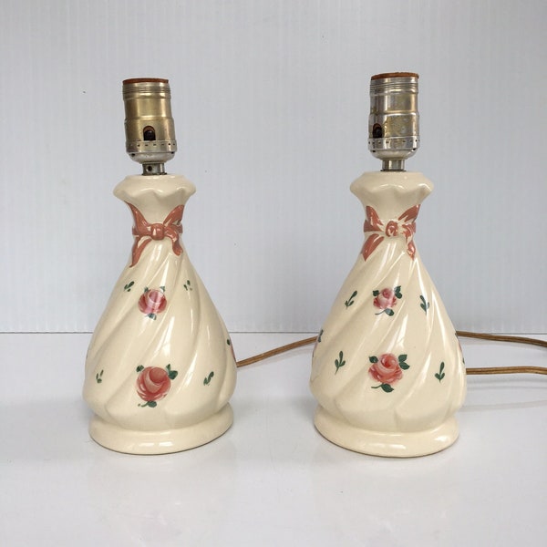 FB Johnson Boudoir Lamps, Pair, 1950's, Ivory with Pink Roses, 10", Ceramic, Girls Room,