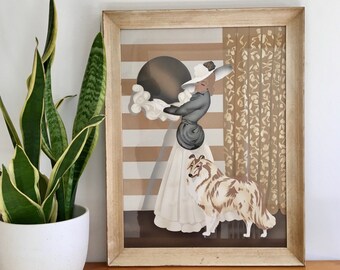 George Telo Litho Print, 22" x 17", Lady in Hat with Collie Dog Framed Picture, Art Deco, 1940s