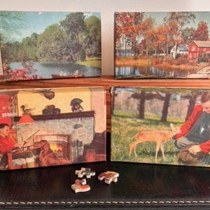 Vintage Small Puzzles in boxes, Thick Pieces, Set of 4, Nature, Hunting Themes, Unknown Manufacturer