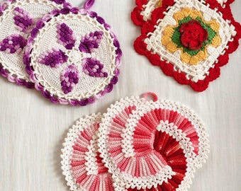 Choice of Vintage 1950s Crochet Pot Holder Pairs, Grandmacore Retro Kitchen Decor, Hand Crocheted