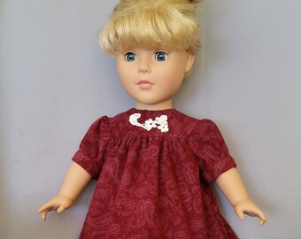 Doll dress in suede cloth printed with paisley design and white leggings for American Girl and 18 inch dolls