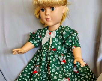 18 inch Christmas doll dress in navy fabric with holly leaves and large red waistline bow or green with Santa kittens