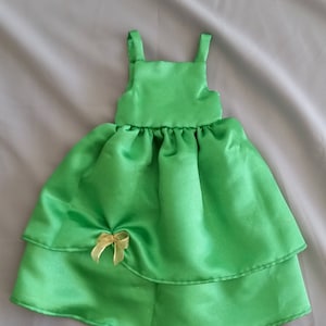 Evening gown, bridesmaid or prom dress for American Girl and 18 inch dolls in green gold flecked satin with matching bolero jacket