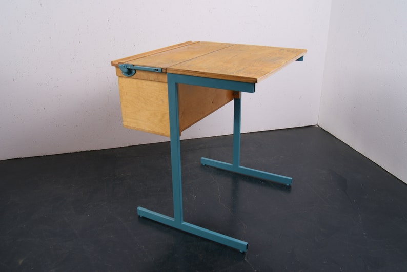 Children S Single School Desk With Turquoise Metal Legs Etsy