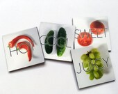 Fun, colorful kitchen magnets, pack of 4, Juicy, Sweet, Cool, Hot, Gift under 10, refrigerator magnet, stocking stuffer, cook's gift.