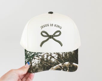 Jesus is King Camo Bow Trucker Hat | Adjustable Christian Hat | Gift