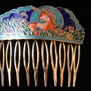 Cloisonne Unicorn in a Flowered Field Gold Metal Hair Comb