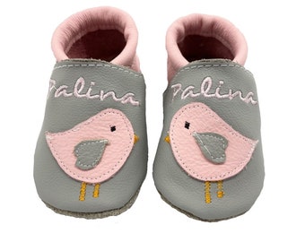 Crawling shoes Christening shoes bird embroidered with name