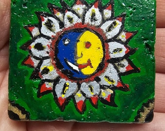 Sun & Moon Flower  Design Magnet Hand Painted Green , Blue , Yellow