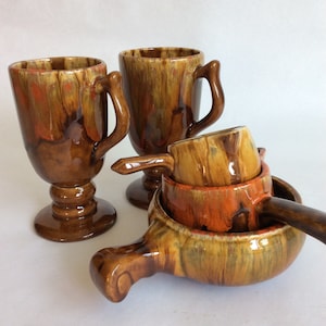 Drip Glaze Mugs Bowl Set Vintage Drip Glaze Pottery Orange Drip Glaze Mugs Mid Century Tableware 1970s Drip Glaze Ceramics Mid Mod Decor