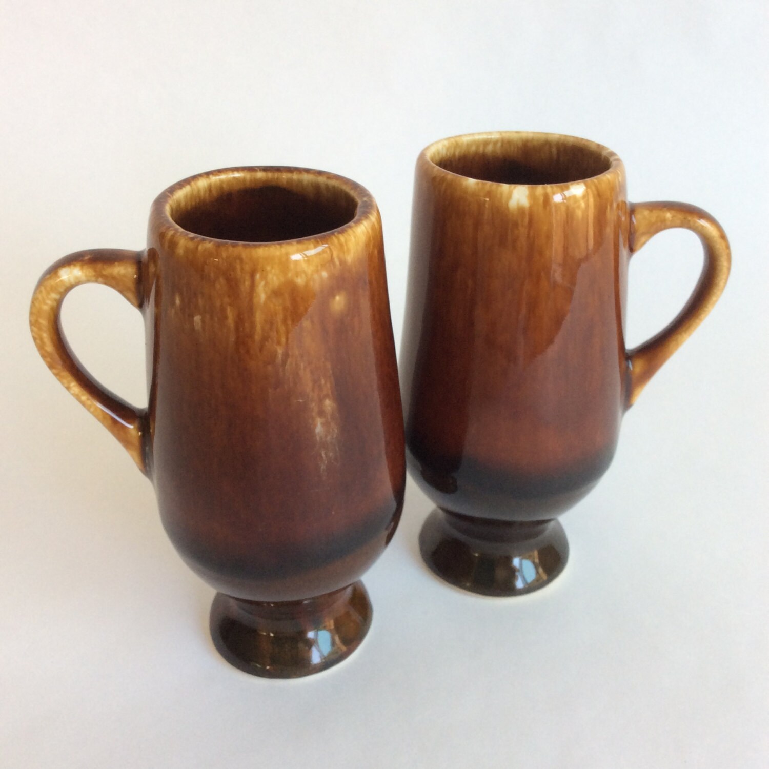 Pair of Drip Glaze Mini Mugs Small Mid Century Coffee Cups Brown Drip Glaze Tableware Vintage