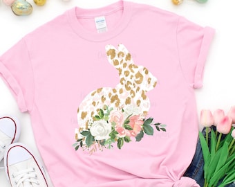 Pink Leopard Print Easter Bunny PNG: Gold Foil Floral Design (Digital Download)