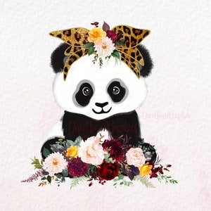 Clipart de panda, berçário de panda, panda png, sublimação de urso panda, bandana de glitter leopardo, panda fofo png, clipart de panda atrevido, urso fofo png