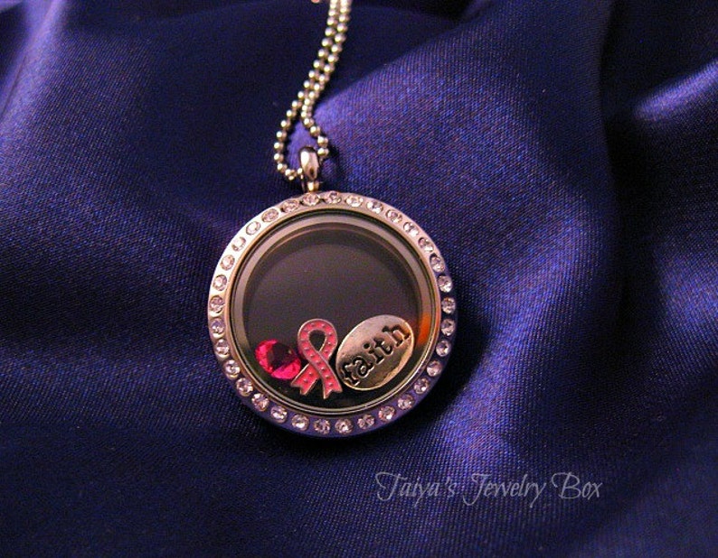 Breast Cancer Floating Locket Pick 3 Charms Locket Crystal Charm Locket