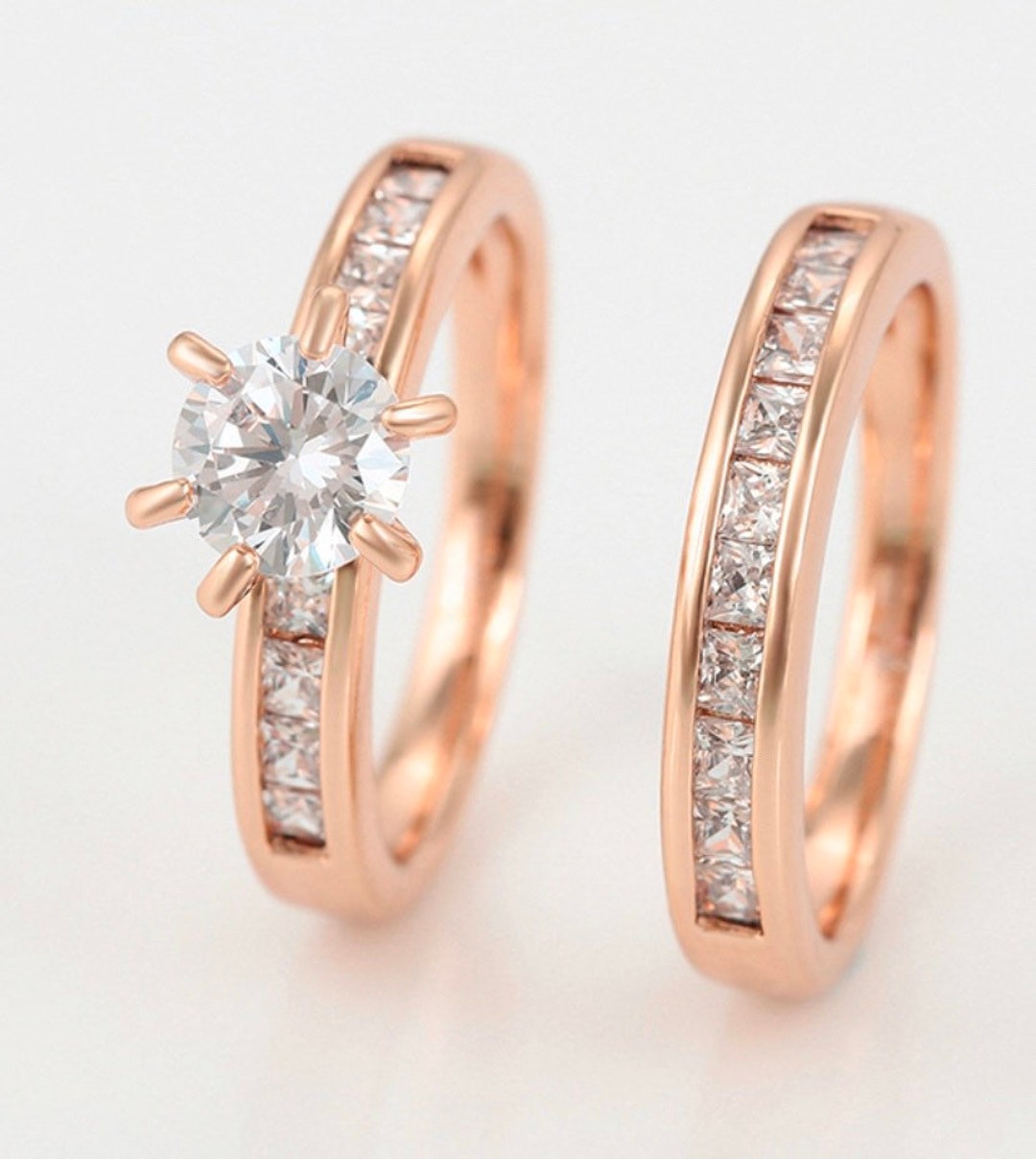Rose Gold Bridal Set // Rose Gold Engagement // Fake Diamond // Womens ...