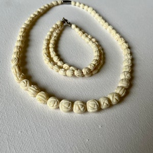 Vintage Bone Rose Bead Necklace with Matching Rose Bead Bracelet