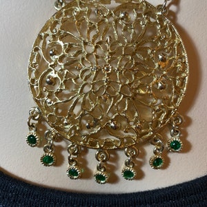 Vintage Large Gold Necklace, Vintage Gold and Green Beaded Gemstone Necklace, Vintage Statement Necklace, Vintage Sweater Necklace