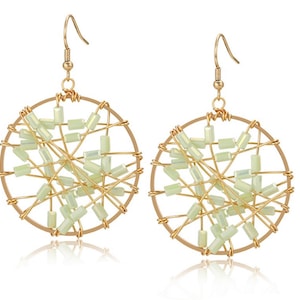 Beaded Green Hook Earrings, Gold and Green Hoops, Light Green Beads, Mint Green, Unique Sparkly Hook, Summer Hoops, Light, Comfortable Hook