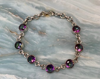 Mystic Topaz and 925 Silver Bracelet, Rainbow Stone Chain Link Bracelet, Mystic Topaz and Silver