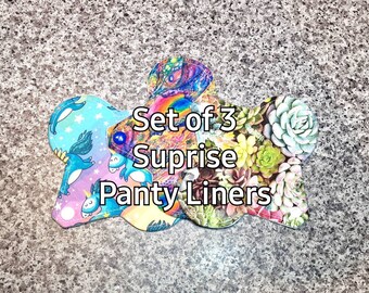 SET of 3 MYSTERY Print Reusable 6" Panty Liners. Surprise Print - cotton topped - Washable and Re-Usable