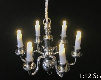 Silver Chandelier 6 arms LED LAMP Dollhouse miniature light battery on/off candles 1:12 super bright