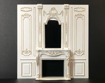 Fireplace panel - Royal Paneling line White with gold for 1:12 dollhouse miniature wall panel