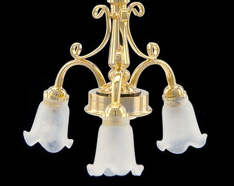 3 Arm BRASS frosted glass tulip chandelier LED Super bright with on/off switch for 1:12 scale dollhouse miniatures hanging
