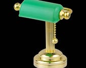 Brass Desk light w green shade super bright LED lamp with On off switch for dollhouse miniature 1 12 scale
