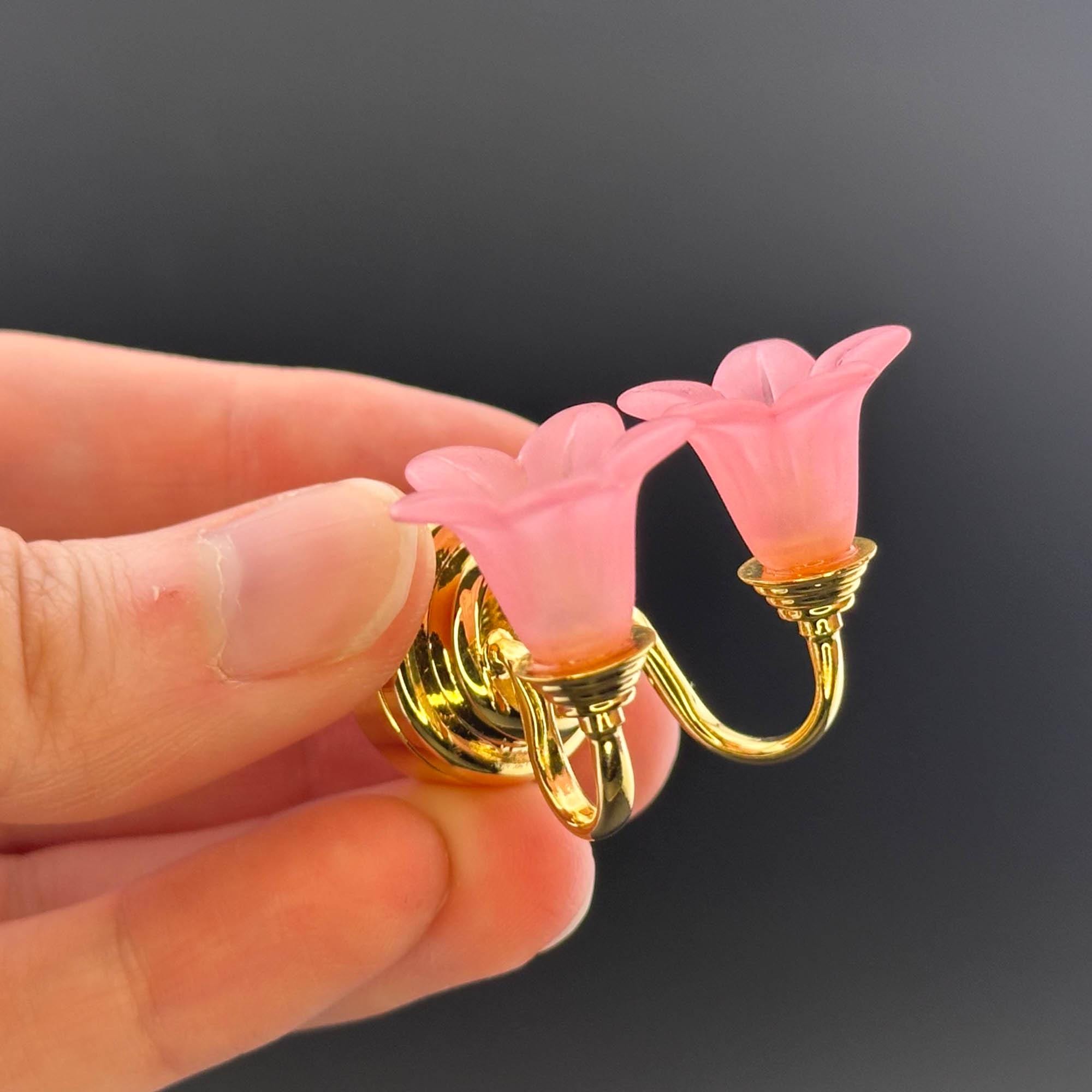 Miniature Touchless operation with Wand 1:12 Double Arms brass pink flower tulip wall Sconce LED light Dollhouse No-touch No-Switch Brass