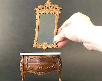 18th Century French Louis XV Walnut  Commode dresser with Marble-style Top and craved mirror (2pcs set)