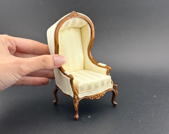 Canopy Chair with Swan Neck Cabriole Legs – 1:12 Scale Dollhouse Miniature, Antique White Striped Upholstery