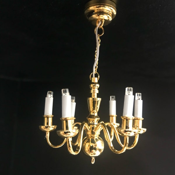 Brass Chandelier 6 arms Dollhouse miniature light  lamp Led battery on/off candles 1:12 super bright