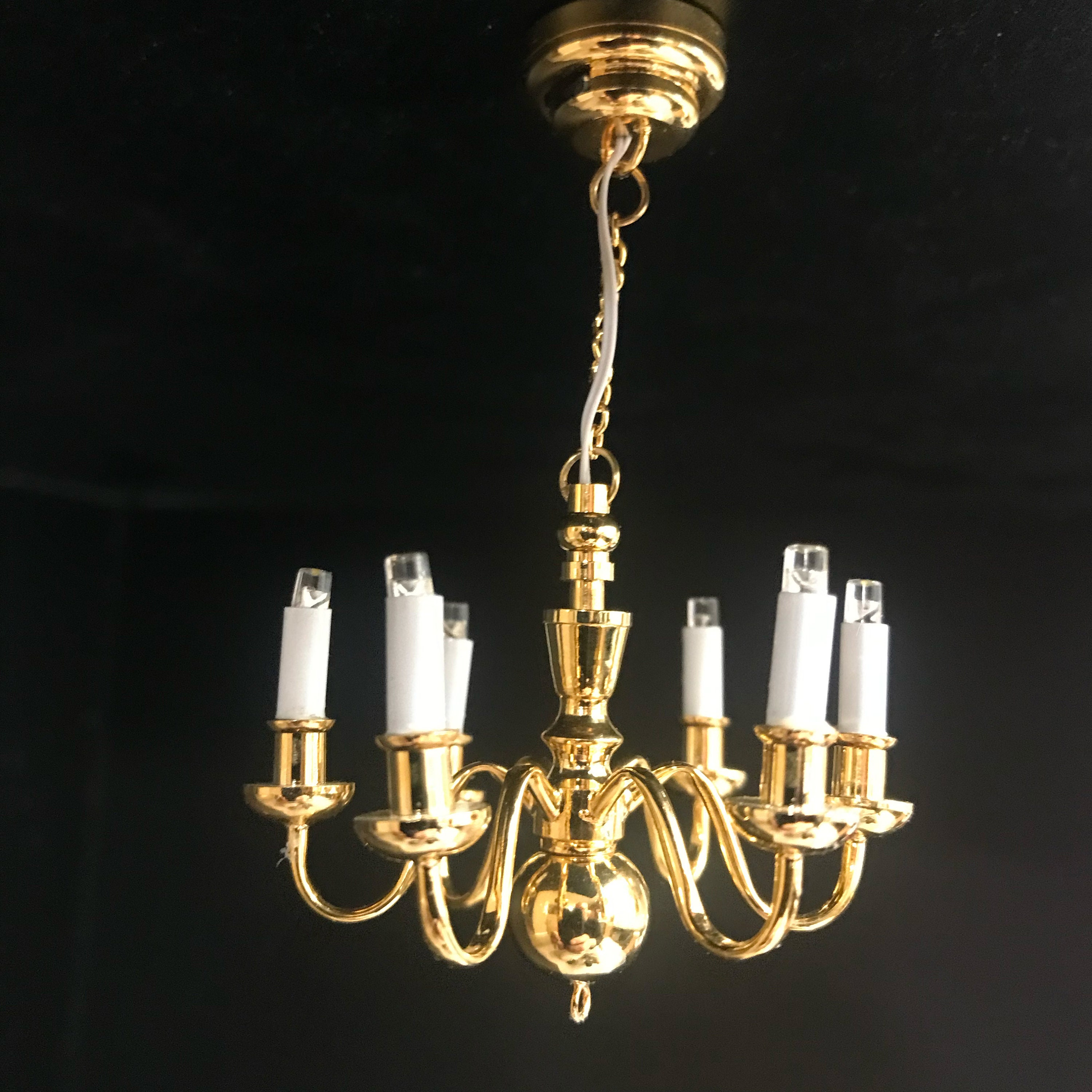 Brass Chandelier 6 arms Dollhouse miniature light lamp Led battery on/off candles 1:12 super bright