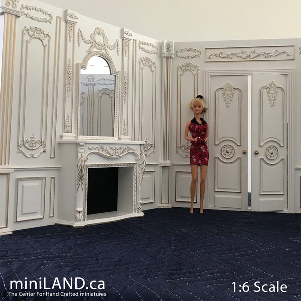 White French Royal Paneling Components  1:6 scale - fireplace panel, door panel, wall panel and column connectors - Handmade limited edition