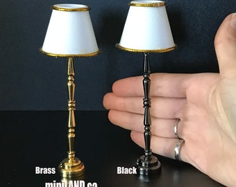 Classic Floor light Brass /black LED Super bright standing lamp with white/gold shade with on/off switch for 1:12 scale dollhouse miniatures