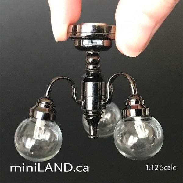 3 Arm gunmetal black globe clear glass ball chandelier LED Super bright with on/off switch for 1:12 scale dollhouse miniatures