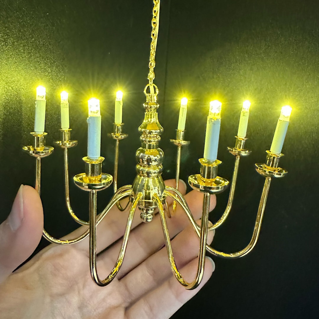 Miniature Brass 8 Arms CHANDELIER LED Light Lamp for Dollhouse Battery