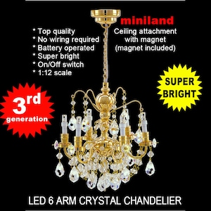 Crystal Brass chandelier 6 arms LED LAMP Dollhouse miniature light with battery and on/off  switch 1:12 scale