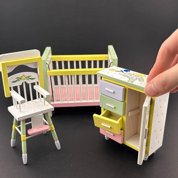 Nursery Baby Miniature Set 3pcs Cradle Highchair Dresser Flowers Decoration  for 1:12 Scale Dollhouse Economic - Etsy