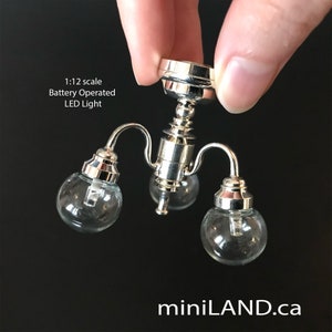 3 Arm SILVER globe clear glass ball chandelier LED Super bright with on/off switch for 1:12 scale dollhouse miniatures