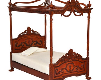 Miniature Four Poster Canopy Bed Fine Quality for dollhouse walnut 1:12 scale