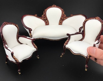 Victorian mini 1:12 scale Rococo ORNATE armchair and sofa couch for Dollhouse miniature mahogany and gold accents Y2300 2301