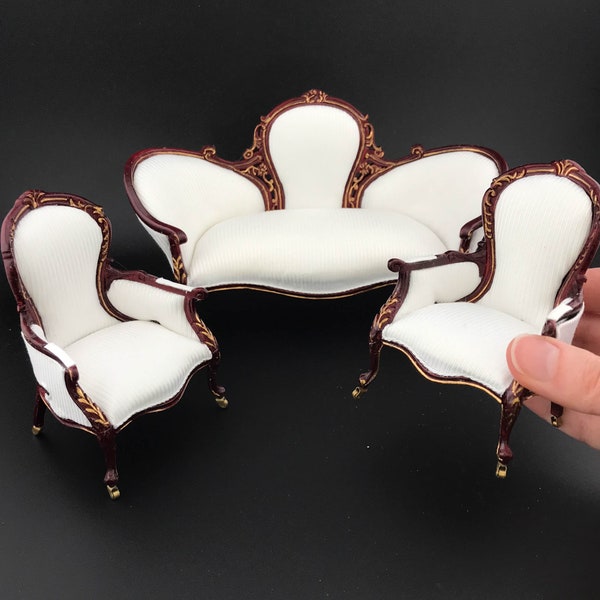 Victorian mini 1:12 scale Rococo ORNATE armchair and sofa couch for Dollhouse miniature mahogany and gold accents Y2300 2301