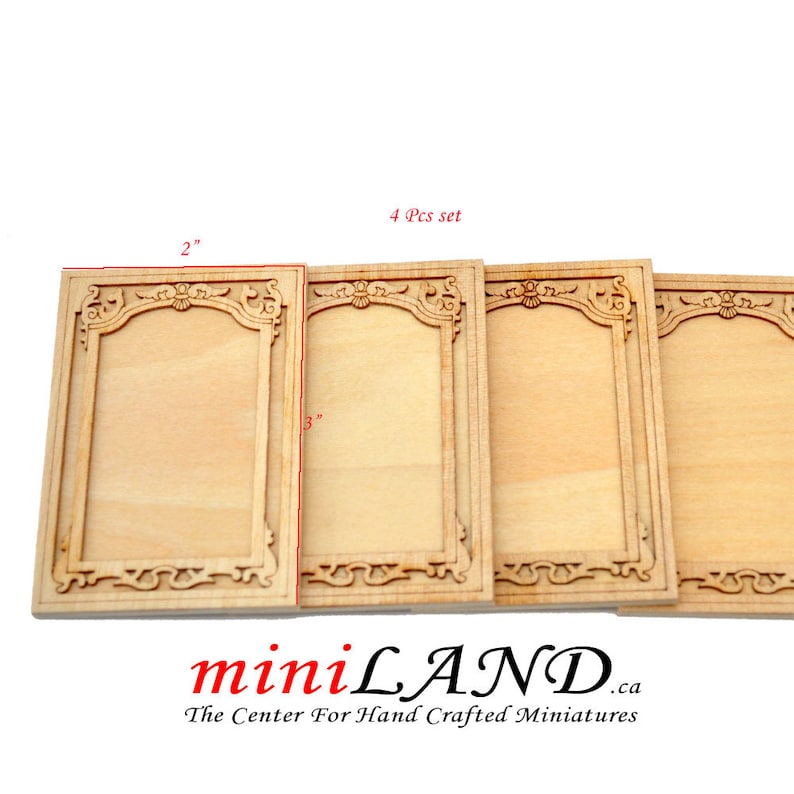 May include: Set of four unfinished wooden picture frames with ornate detailing. Each frame measures 2 inches by 3 inches. The frames are perfect for adding a touch of vintage charm to your dollhouse or miniature project.