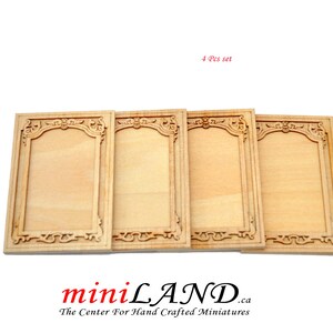 May include: Set of four unfinished wooden picture frames with ornate carvings. The frames are approximately 3 inches tall and 2 inches wide. 4 Pcs set.