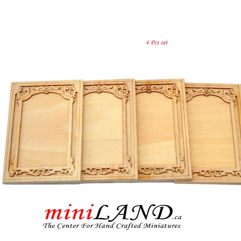 May include: Set of four unfinished wooden picture frames with ornate carvings. The frames are approximately 3 inches tall and 2 inches wide. 4 Pcs set.