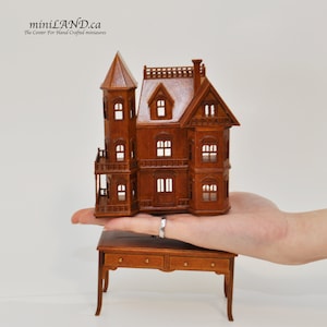 Mini Queen Anne style  Dollhouse for 1/12 dollhouse with table WALNUT 1:144 miniature house for 1/12 rooms back opening V4063 WN