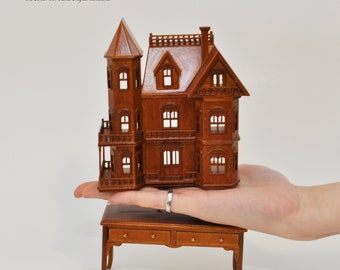 Mini Queen Anne style  Dollhouse for 1/12 dollhouse with table WALNUT 1:144 miniature house for 1/12 rooms back opening V4063 WN