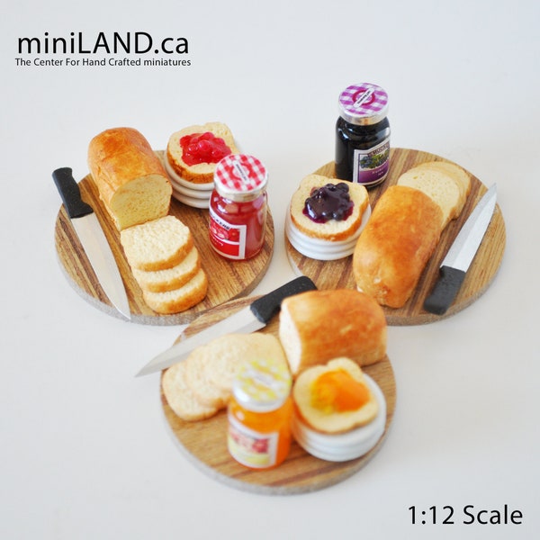 Bread with jam breakfast on wooden tray  1:12 Scale dollhouse miniature handmade food toast - choice of 3 jams!